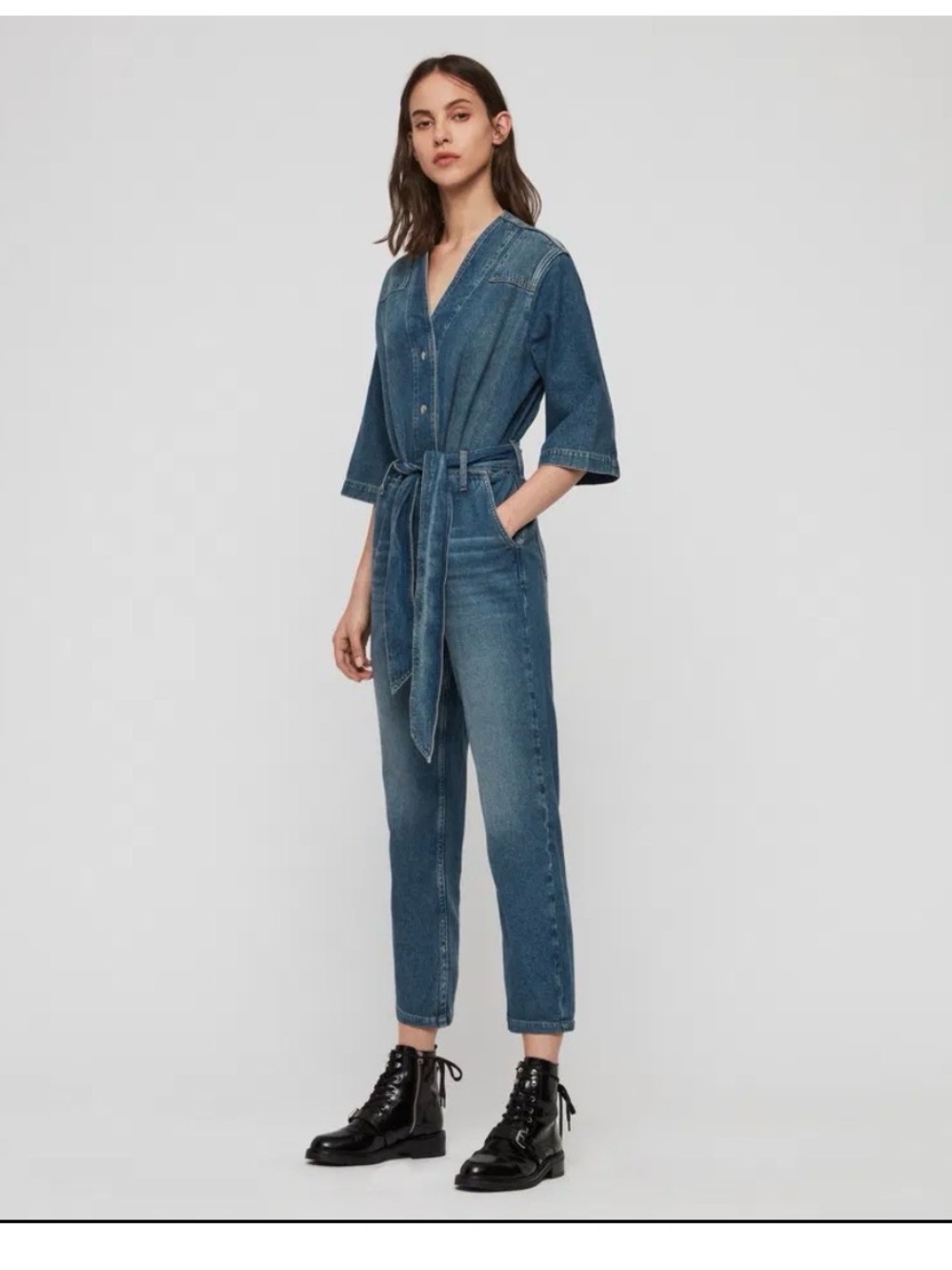 AllSaints Mira Blue Denim Utility Belted Jumpsuit Size US 8